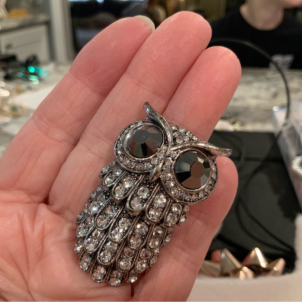 Rhinestone Owl Whole Finger Reticulated Ring SZ 7